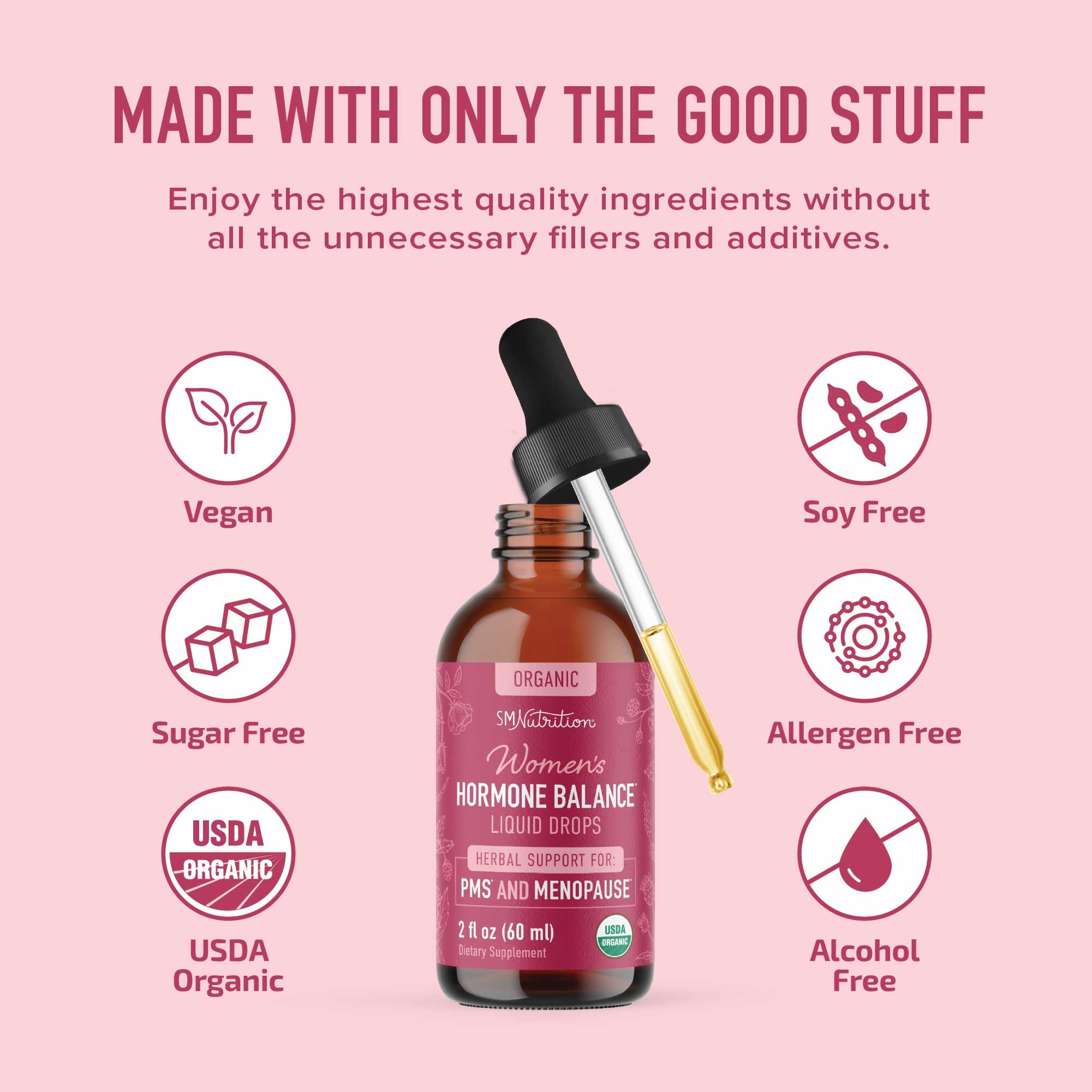 SMNutrition Hormone Balance drops application shows convenient bottle usage.