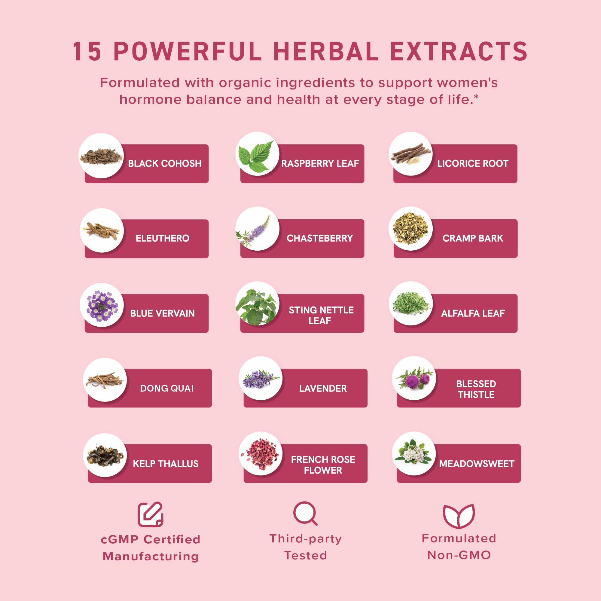 SMNutrition Hormone Balance ingredients panel emphasizes natural herbal support.