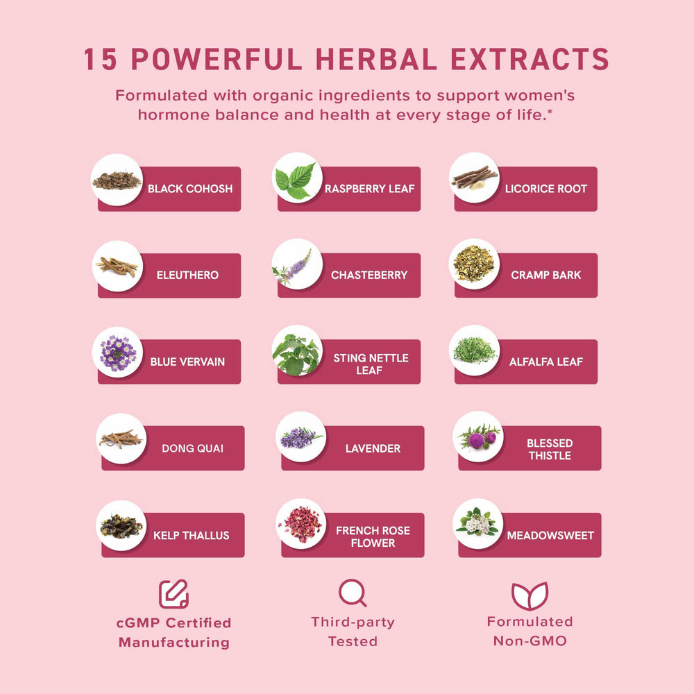 SMNutrition Hormone Balance ingredients panel emphasizes natural herbal support.