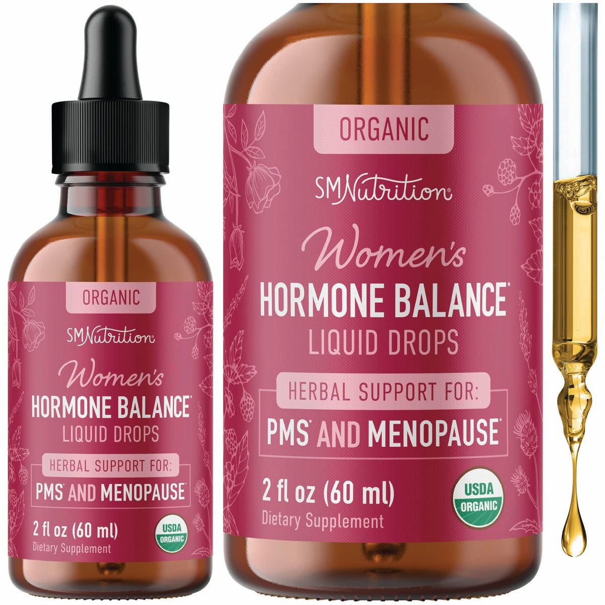 SMNutrition Hormone Balance bottle shows a holistic herbal blend for daily balance.