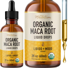 SMNutrition Maca Root Drops bottle showing compact 2 oz size for daily use