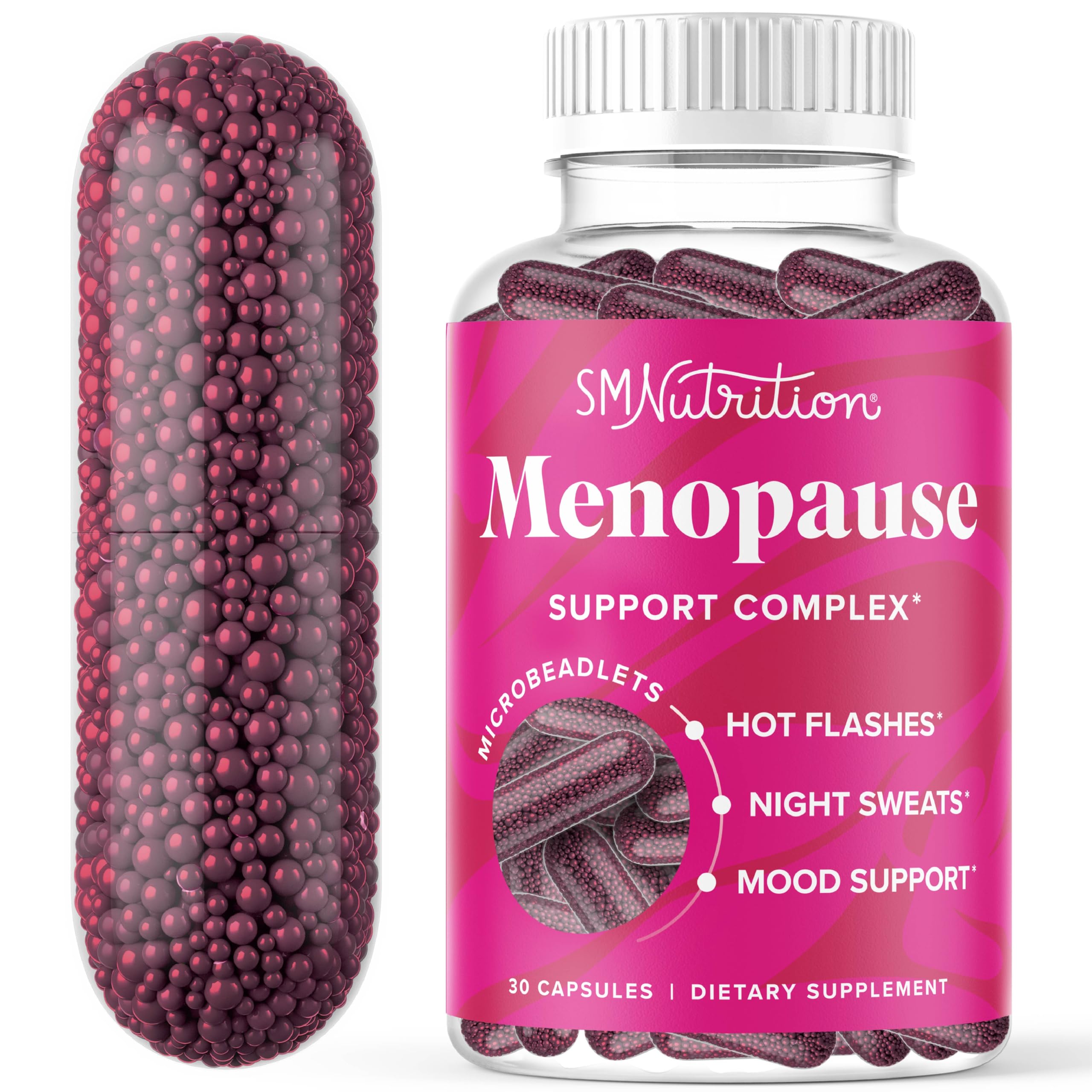 SMNutrition menopause beadlets bottle pour supports easy daily dosing for potential hot flash relief.