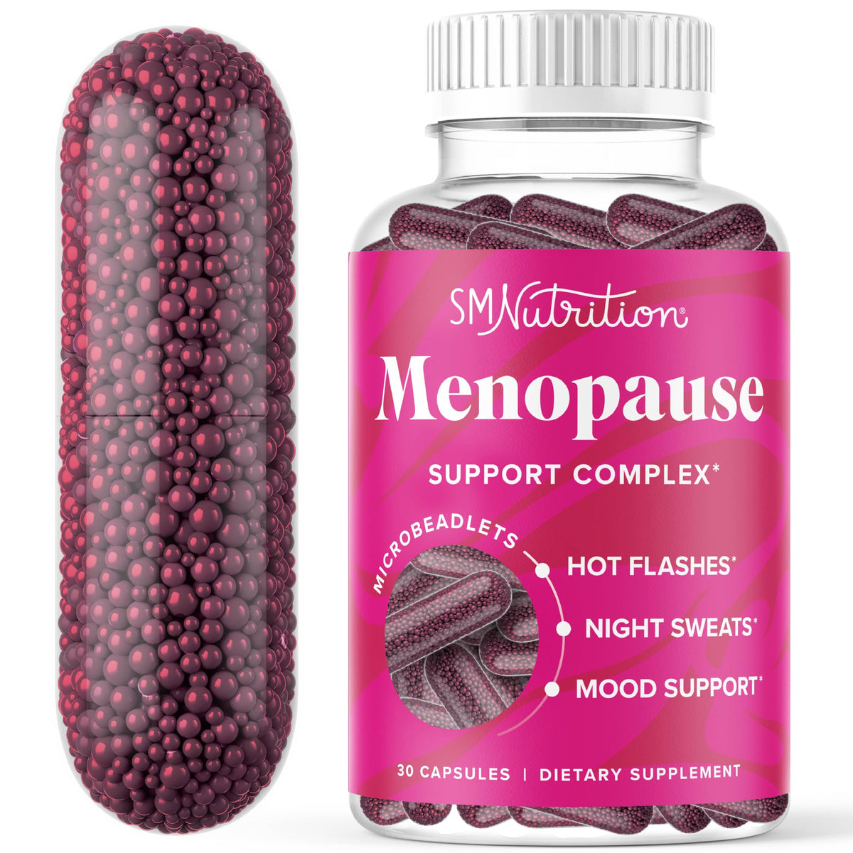 SMNutrition menopause beadlets bottle pour supports easy daily dosing for potential hot flash relief.