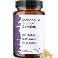 SMNutrition Menopause Support bottle with capsules on a clean surface for hot flash relief.
