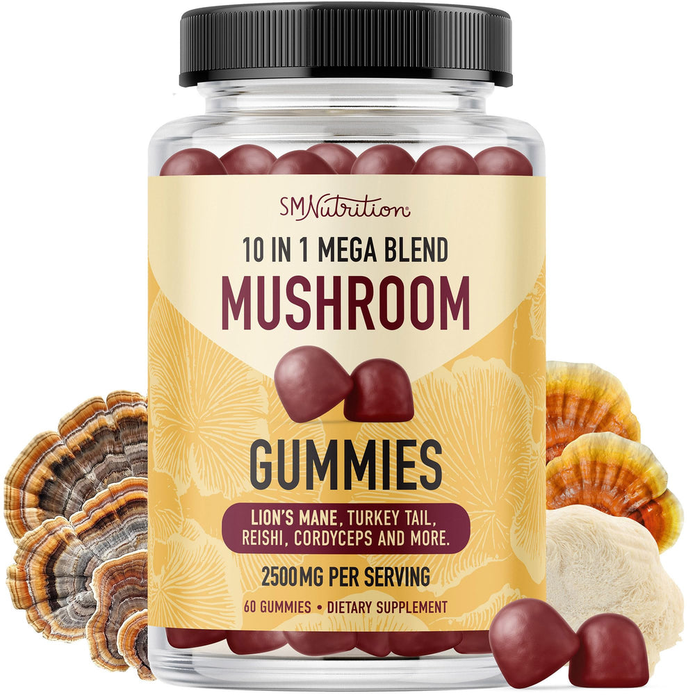 SMNutrition Mushroom Gummies raspberry bottle may support daily immune wellness.