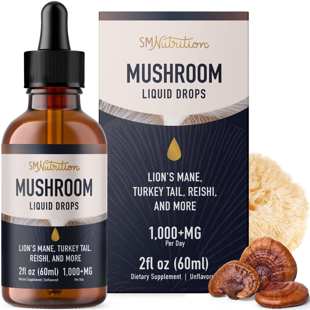SMNutrition Mushrooms Liquid Drops bottle for cognitive support and daily focus.