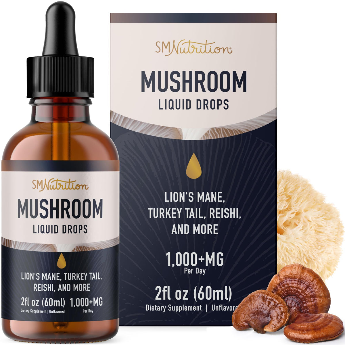SMNutrition Mushrooms Liquid Drops bottle for cognitive support and daily focus.