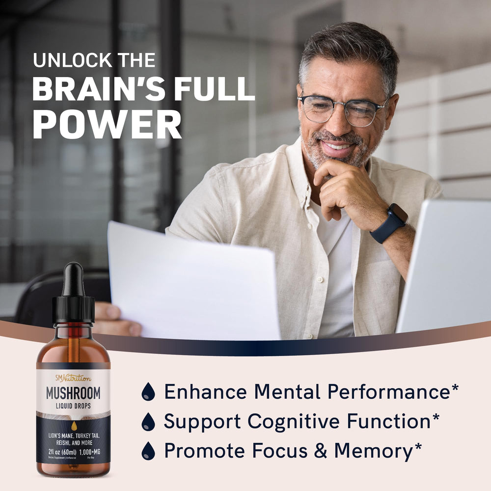 SMNutrition Mushrooms Liquid Drops dropper delivering liquid for quick absorption.