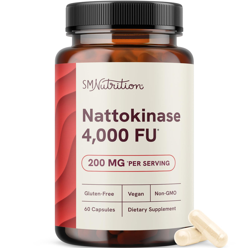 SMNutrition nattokinase 4000 FU bottle with label showing high-potency formula