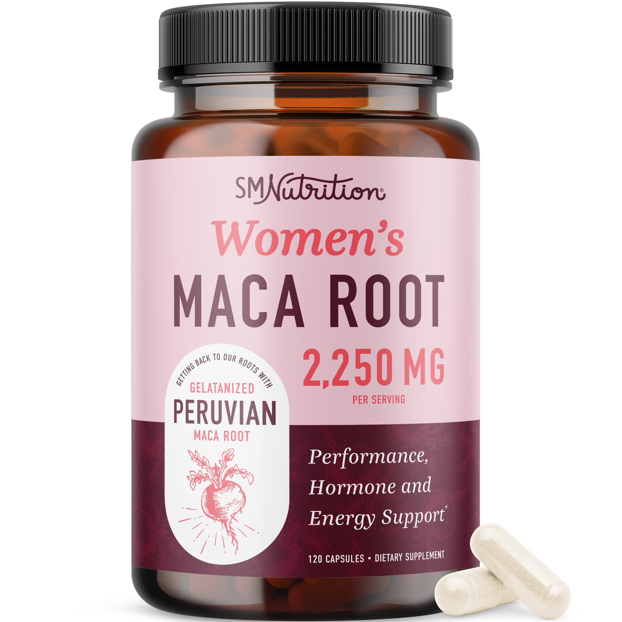 SMNutrition Organic Maca Root Capsules bottle showing 120-count for energy