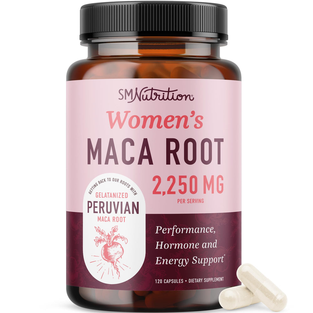 SMNutrition Organic Maca Root Capsules bottle showing 120-count for energy