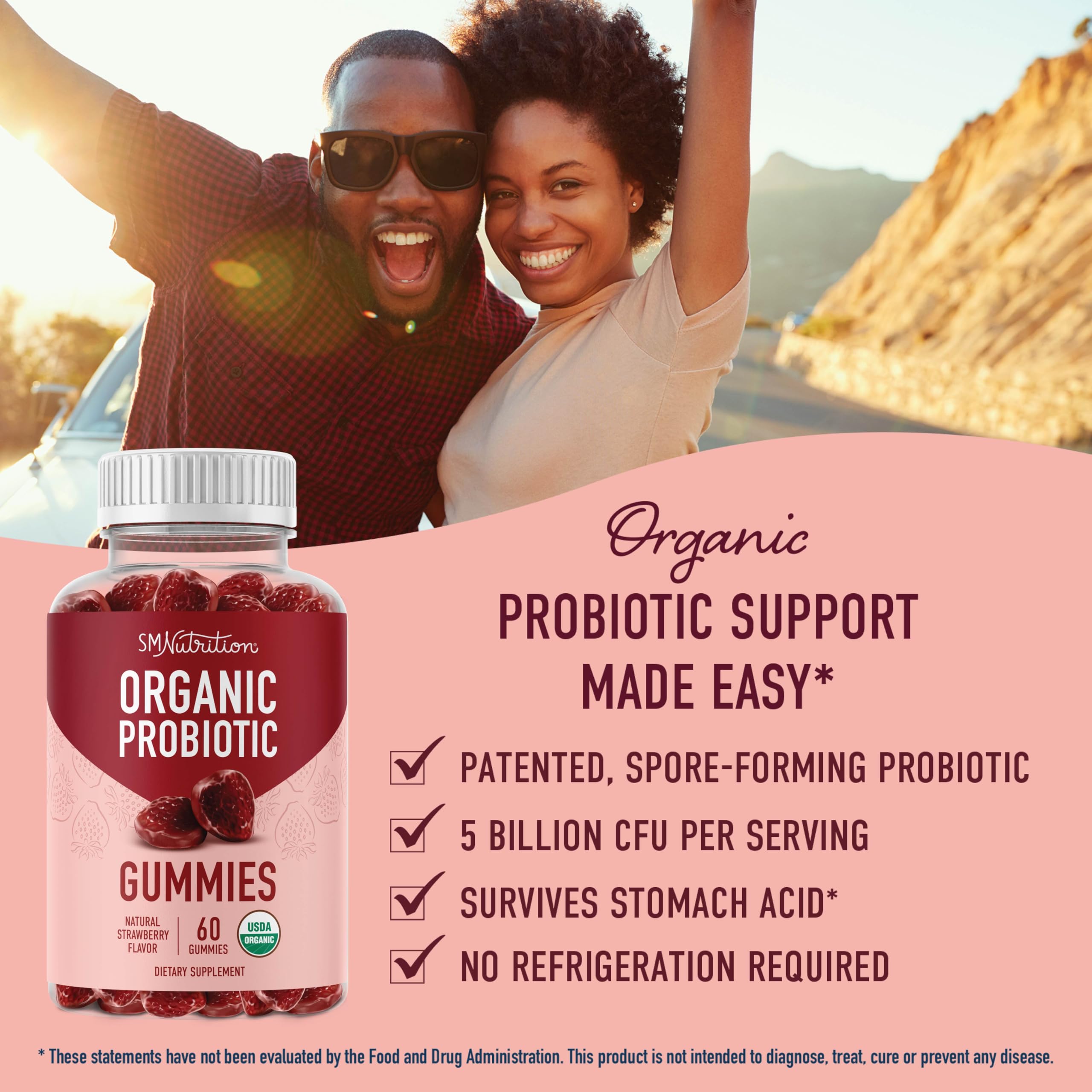SMNutrition Organic Probiotics Gummies bottle back label with allergen info