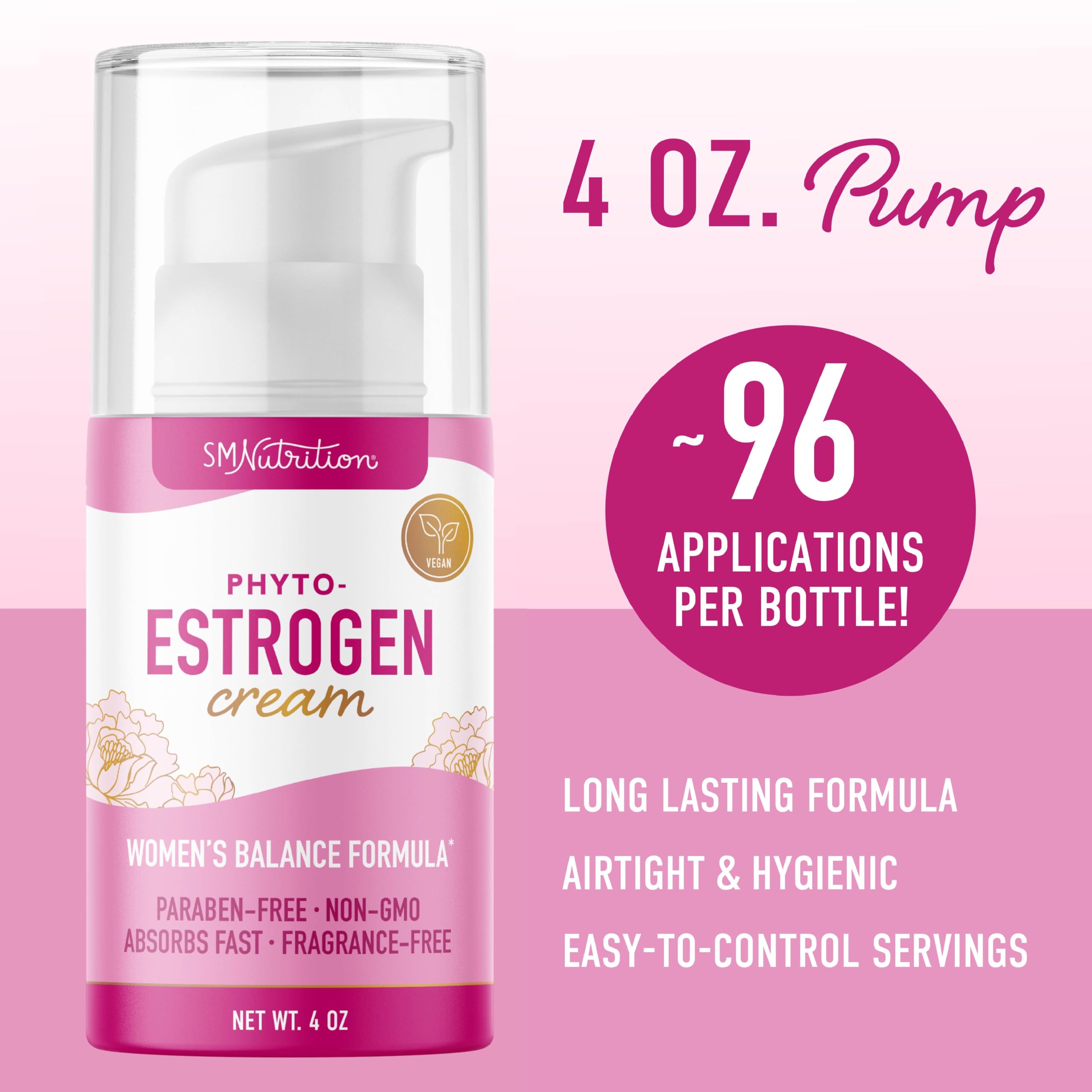 SMNutrition Phyto Estrogen Cream label close-up showing vegan and fragrance-free features.