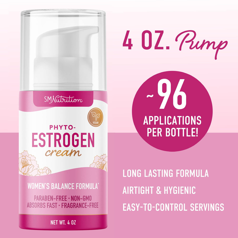 SMNutrition Phyto Estrogen Cream label close-up showing vegan and fragrance-free features.