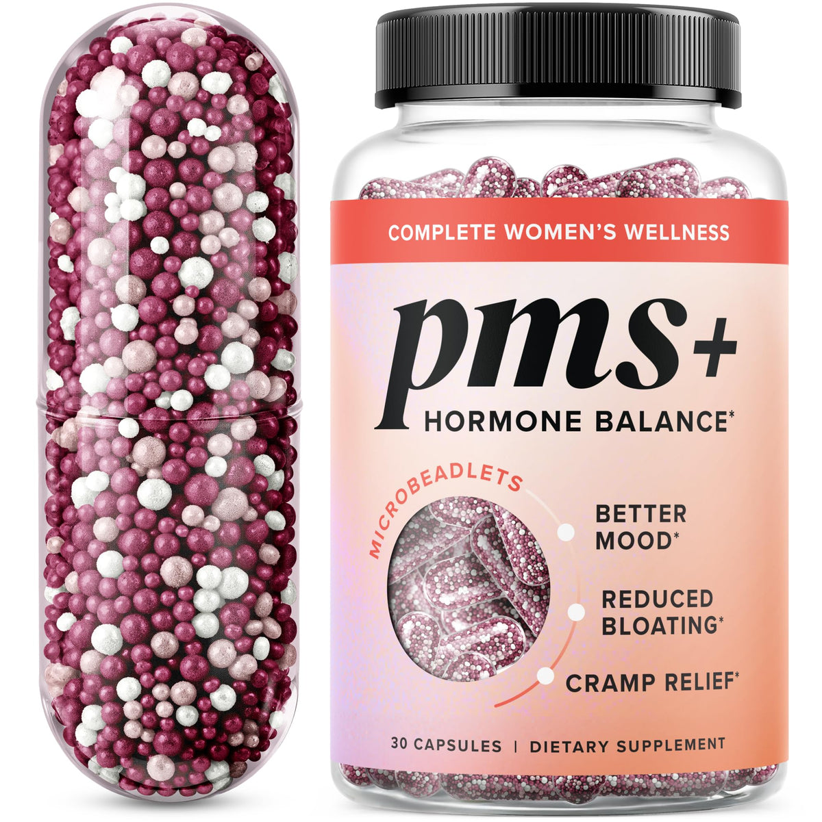 SMNutrition PMS: botella de cápsulas para apoyo hormonal diario