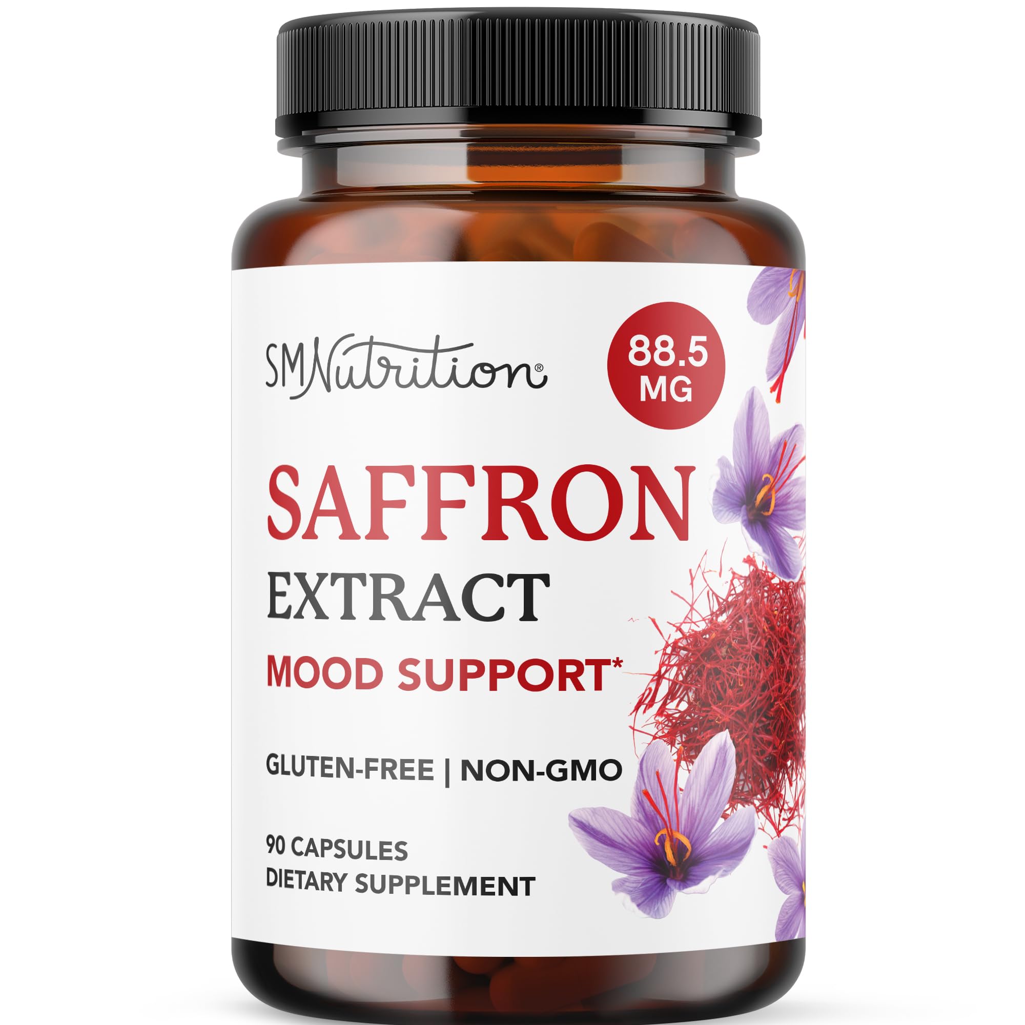 SMNutrition saffron bottle front with 90 capsules, suggesting mood and energy support.