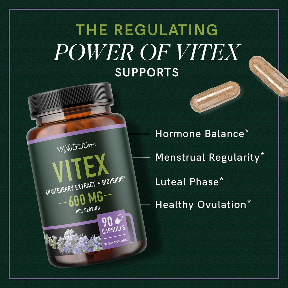 Close-up of SMNutrition Vitex label showing gluten-free, vegetarian formula.