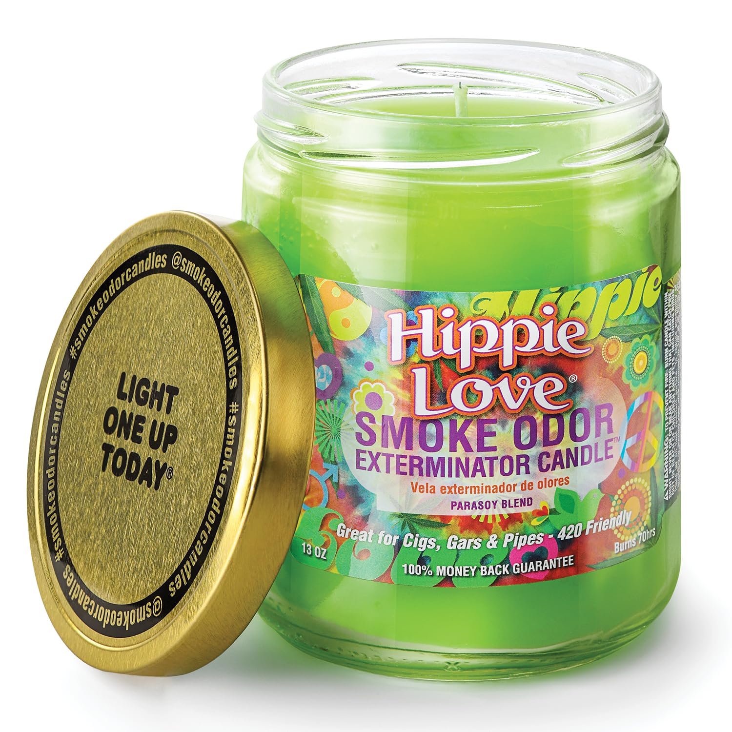 Smoke Odor Exterminator Hippie Love 13oz candle removing smoke odors.