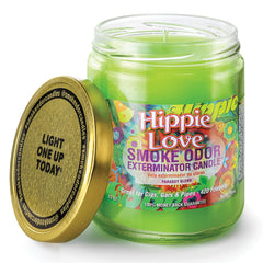 Smoke Odor Exterminator Hippie Love 13oz candle removing smoke odors.