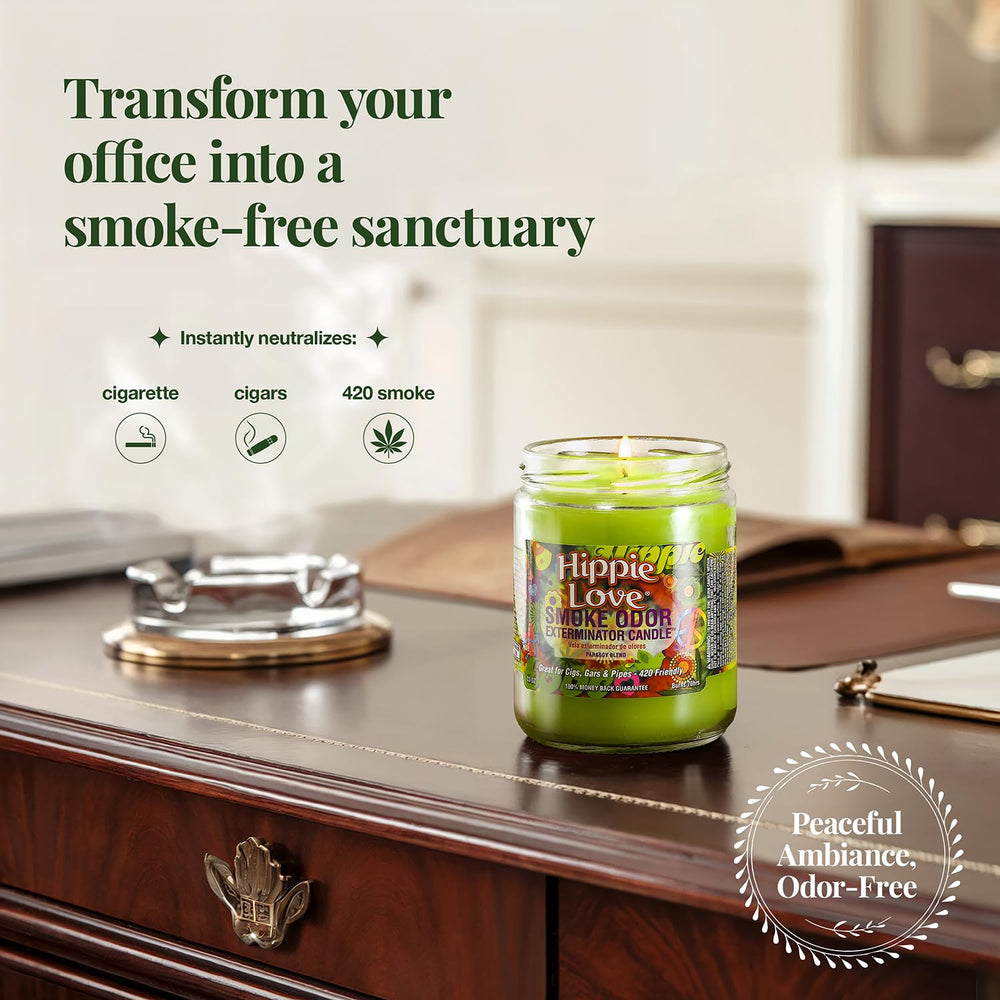 Smoke Odor Exterminator 70-hour burn time candle for long-lasting freshness.