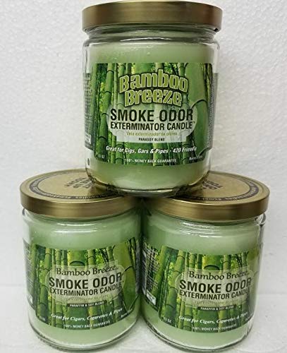 Smoke Odor Exterminator Bamboo Breeze jar candle, second image, helps neutralize smoke and pet odors.