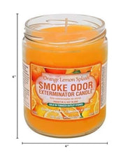 Smoke Odor Exterminator Candle label closeup highlights orange lemon splash scent and odor elimination