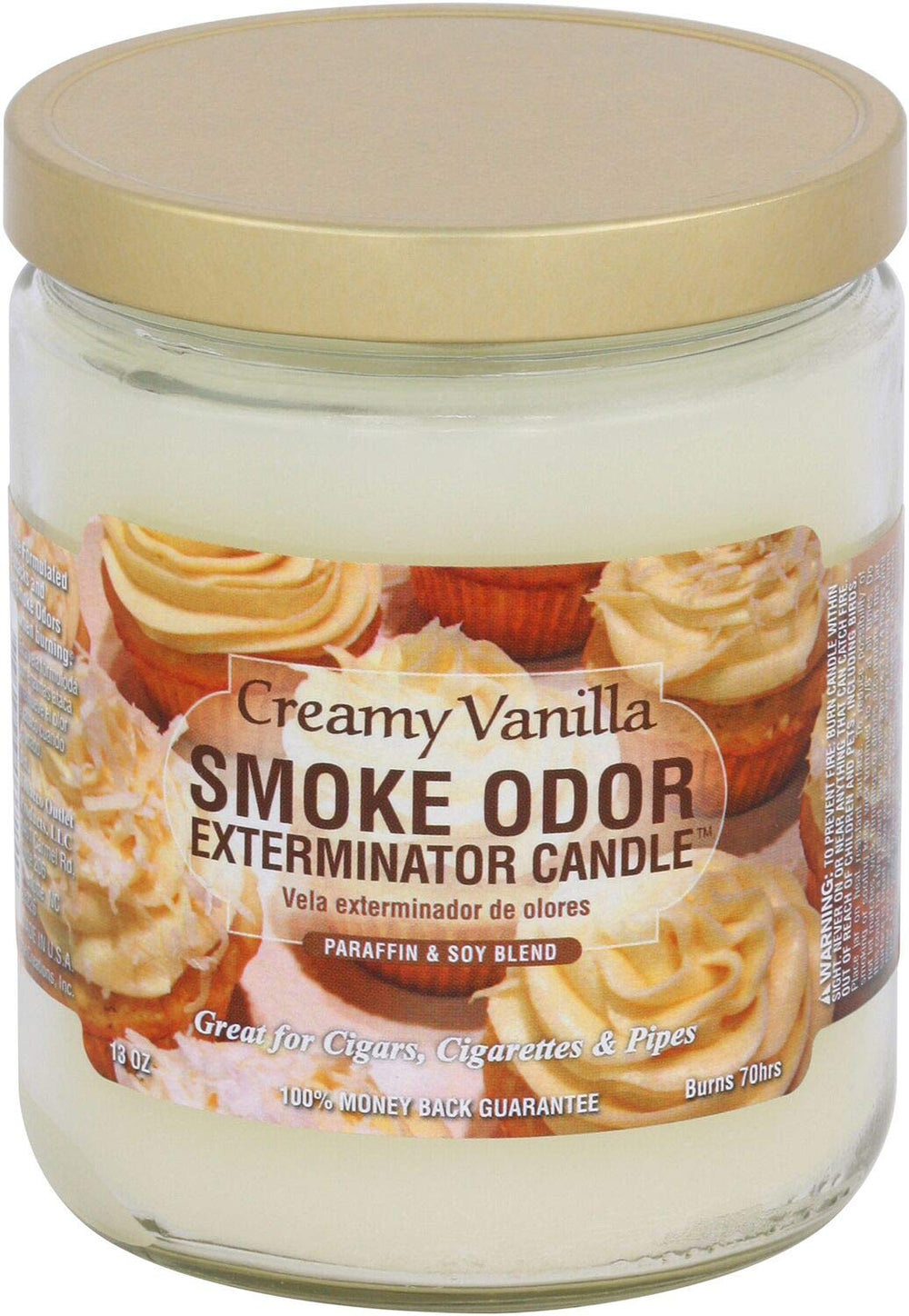 Smoke Odor Exterminator creamy vanilla jar candle for odor removal and cozy aroma.