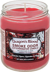 Smoke Odor Exterminator Dragon's Blood jar candle closeup boosts odor neutralization in rooms.