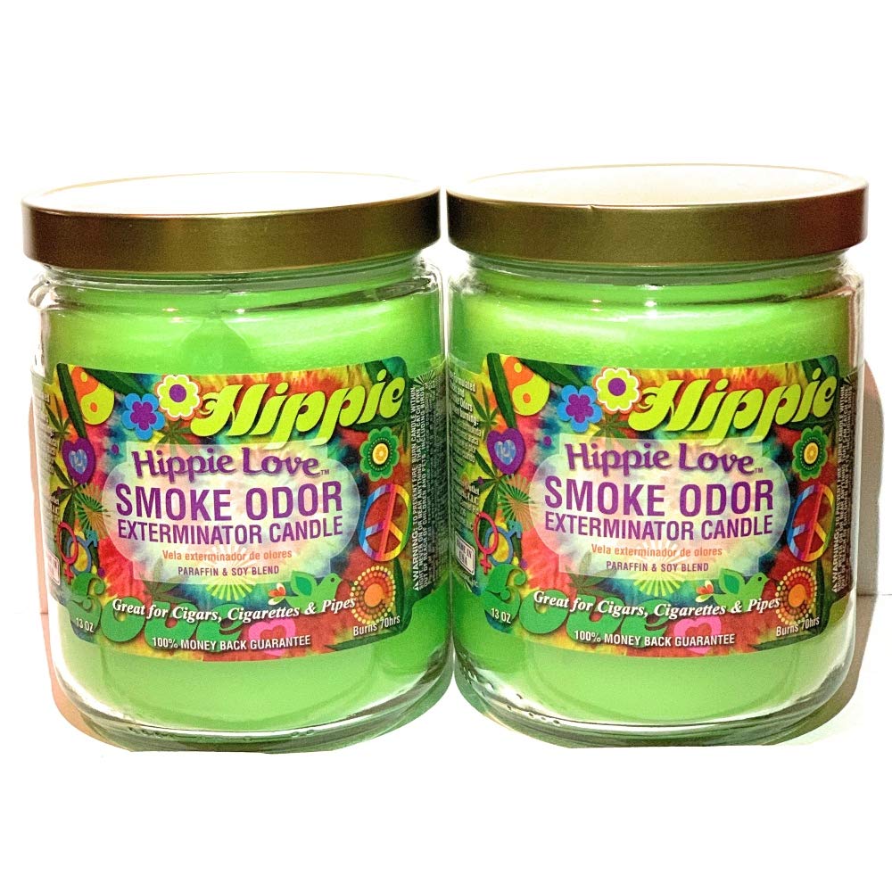 Smoke Odor Exterminator Hippie Love label close-up showing enzyme-based odor neutralization.