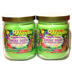 Smoke Odor Exterminator Hippie Love label close-up showing enzyme-based odor neutralization.