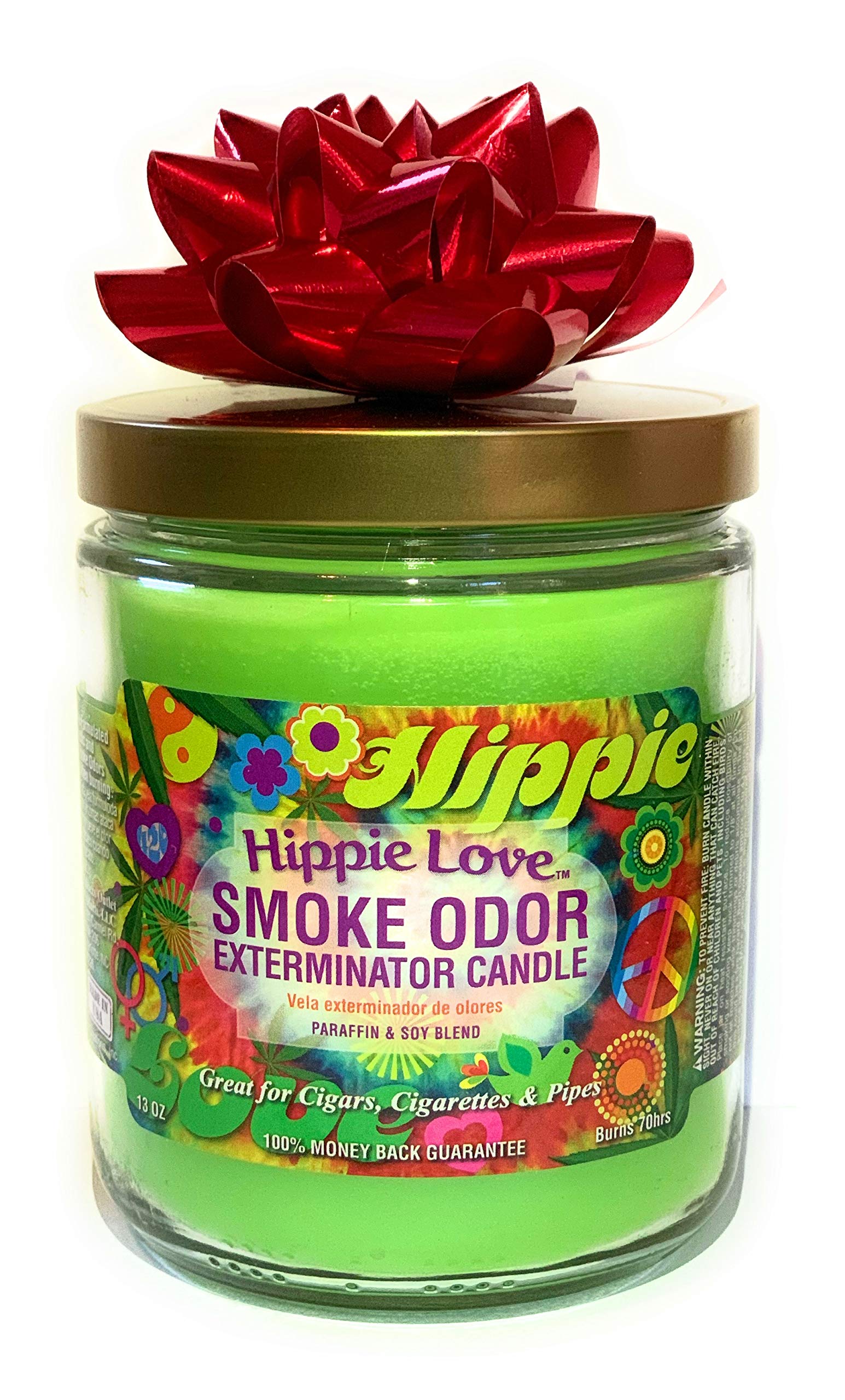 Smoke Odor Exterminator Hippie Love candle lit, releasing fragrance while neutralizing odors.