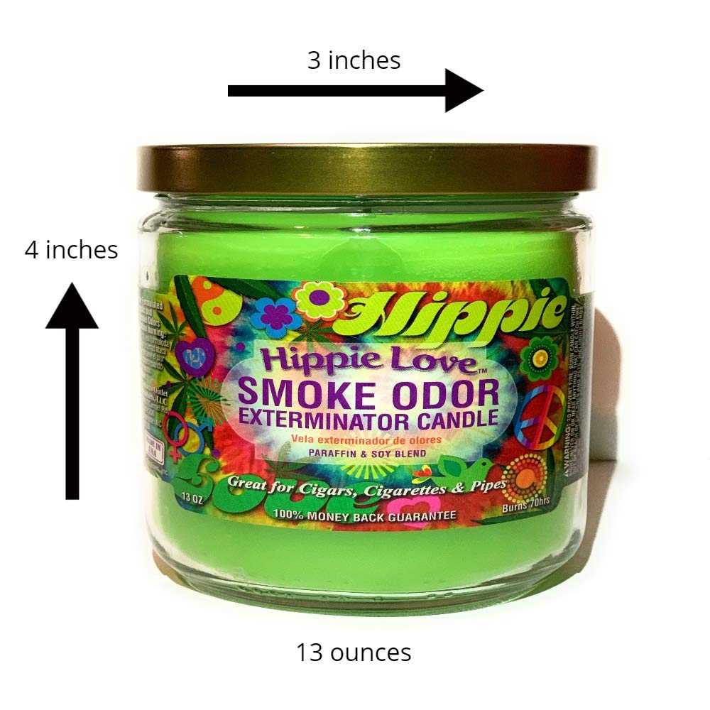 Smoke Odor Exterminator Hippie Love label image highlighting product branding and use of enzymes.