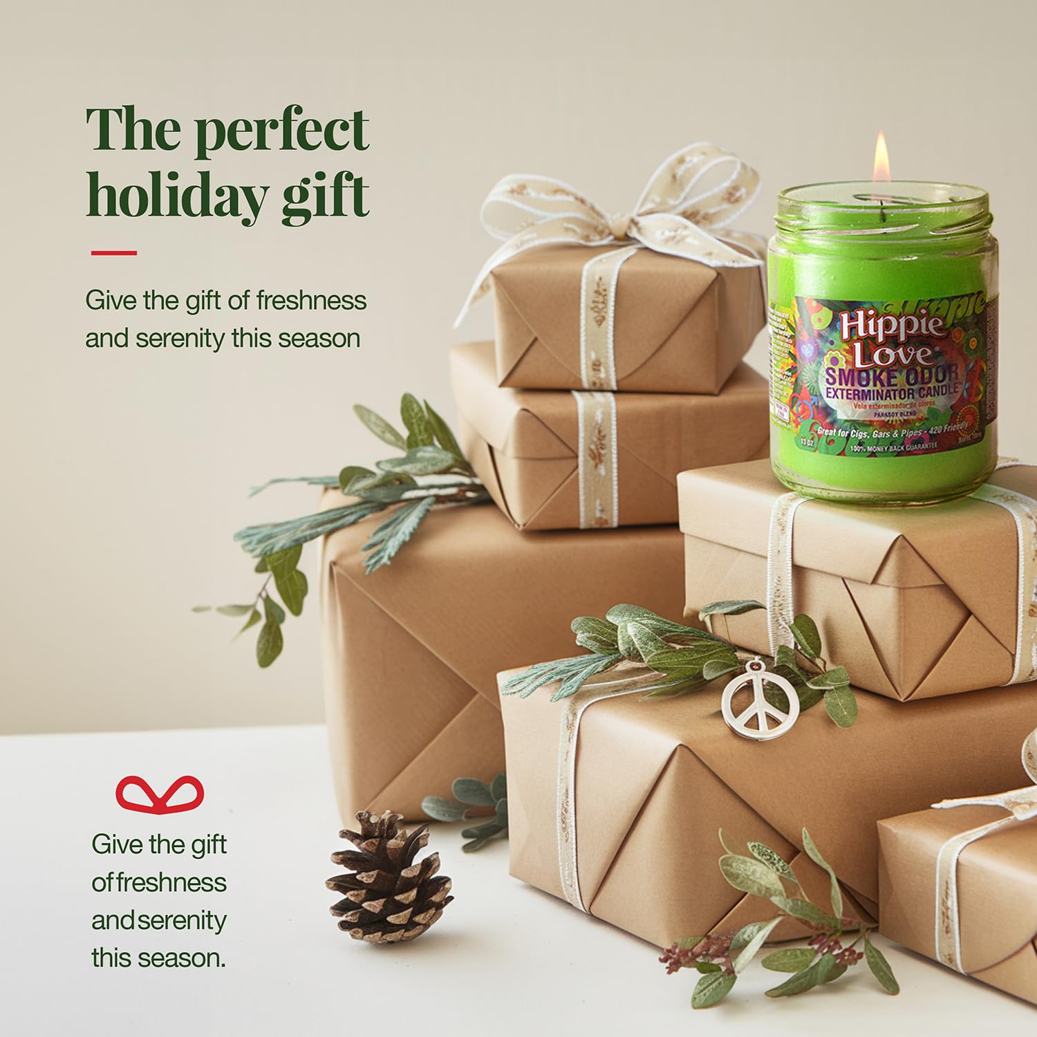 Smoke Odor Exterminator Hippie Love candle enhances room aroma.