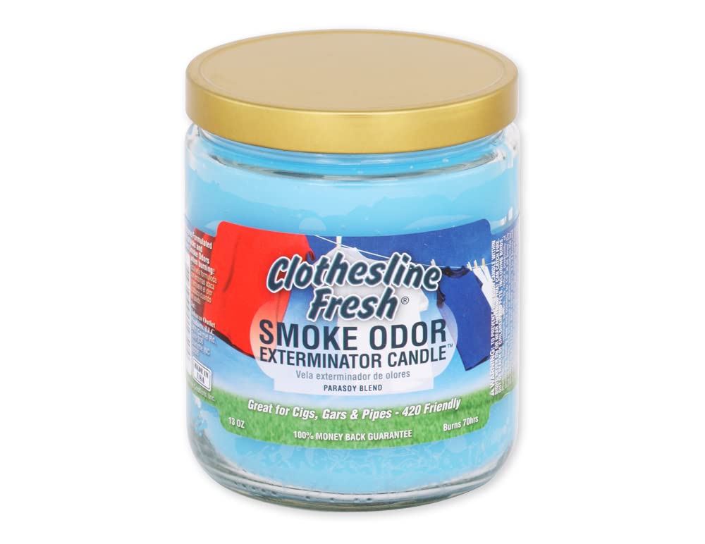 Smoke Odor Exterminator label closeup on 13oz jar shows scent and design.