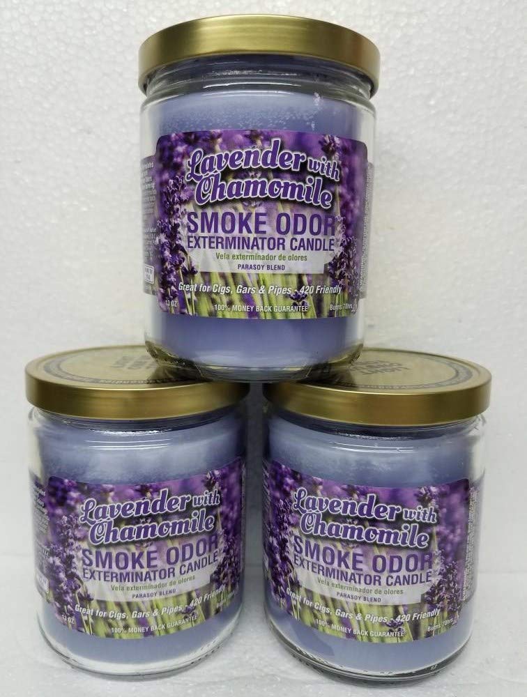 Smoke Odor Exterminator Lavender Chamomile three candles set displayed for home fragrance options