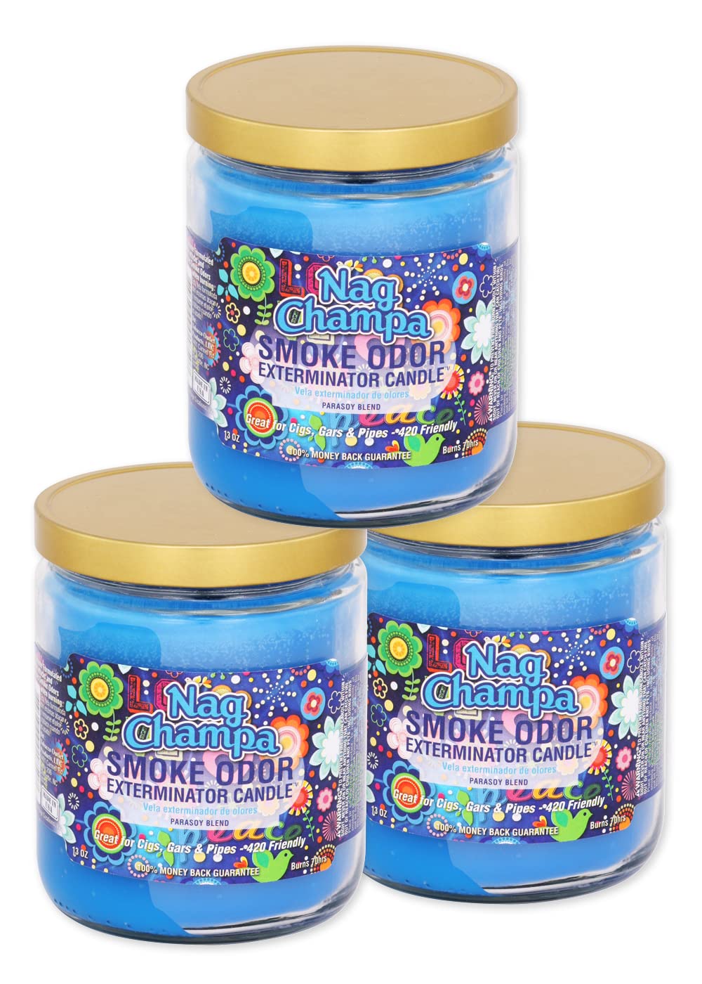 Smoke Odor Exterminator Nag Champa 13 oz jar label closeup; shows scent profile and odor-control capability.