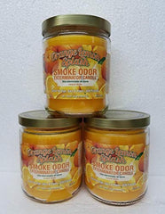 Smoke Odor Exterminator orange lemon splash jar candle burning to refresh rooms and reduce odors.