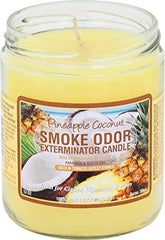 Smoke Odor Exterminator Pineapple Coconut candle jar neutralizes smoke and pet odors.