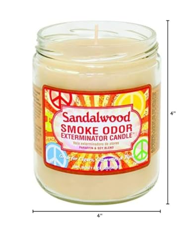 Smoke Odor Exterminator sandalwood candle burning showcases odor removal and calming fragrance.