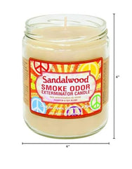 Smoke Odor Exterminator sandalwood candle burning showcases odor removal and calming fragrance.