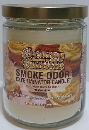 Vanilla scented Smoke Odor Exterminator candle close-up for fresh air.