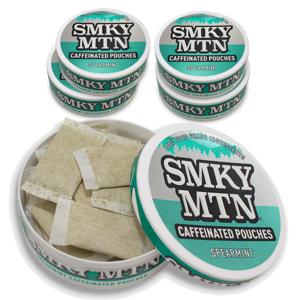 Smokey Mountain Spearmint caffeinated pouches box front for on-the-go energy