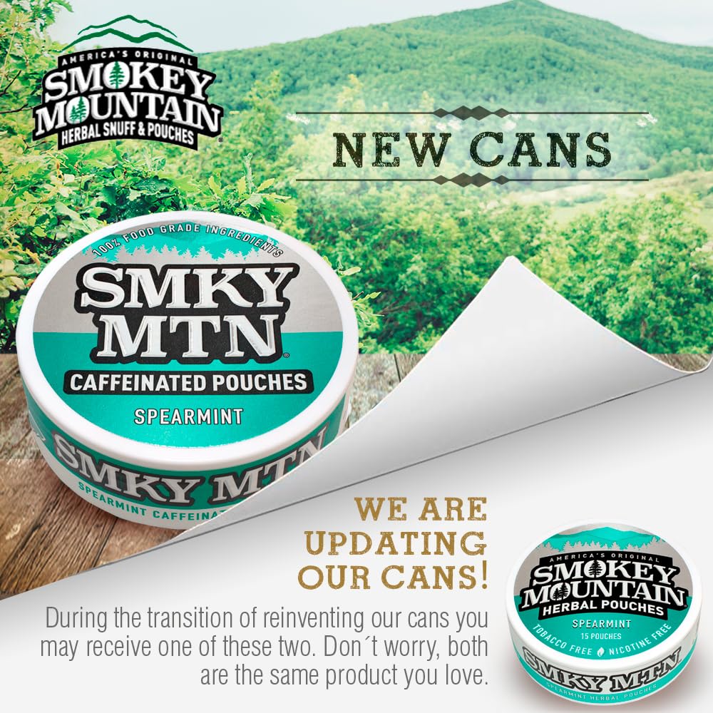 Smokey Mountain Spearmint pouches can group showing convenient five-can box