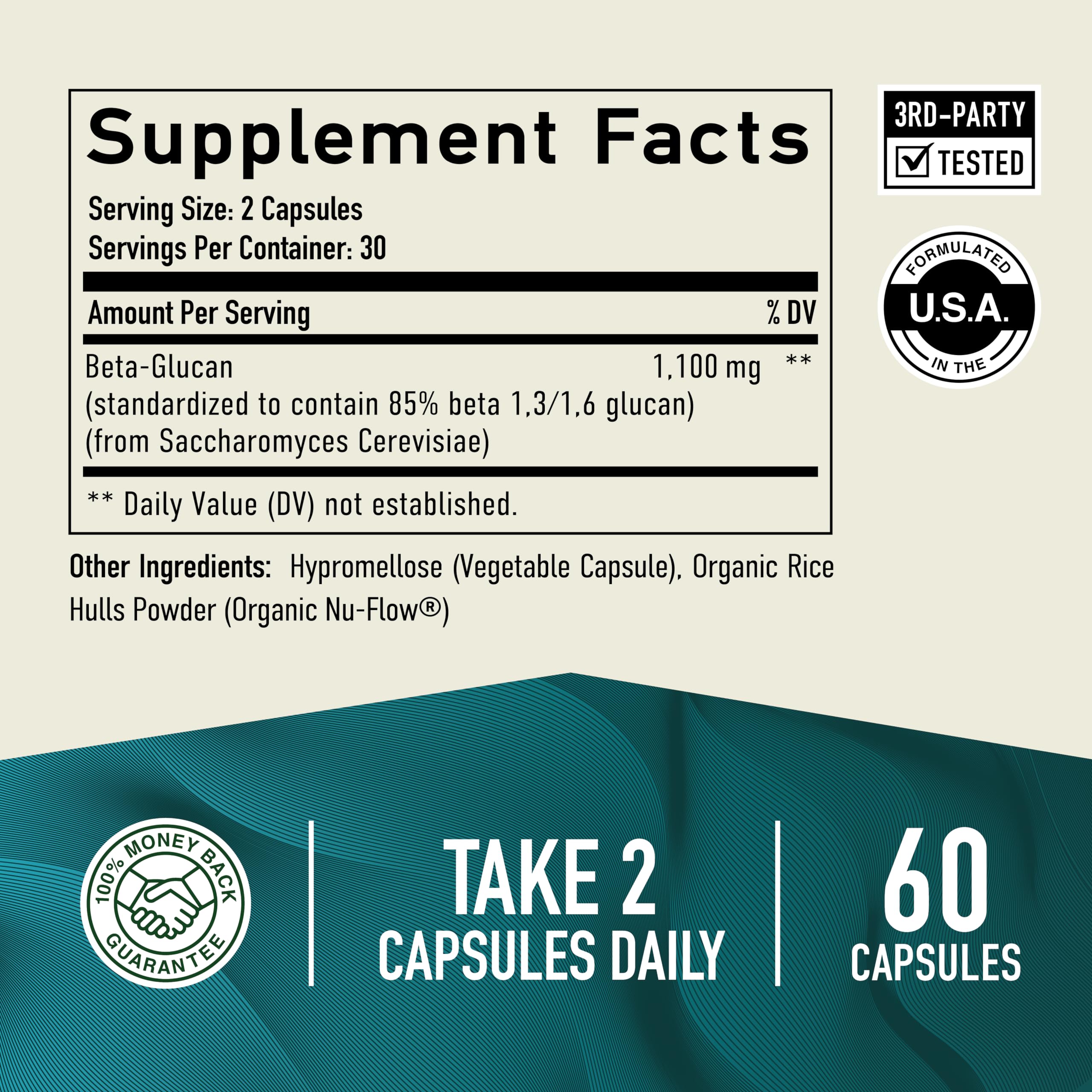 Smoky Mountain Naturals Beta Glucan third-party testing seal; quality assurance.