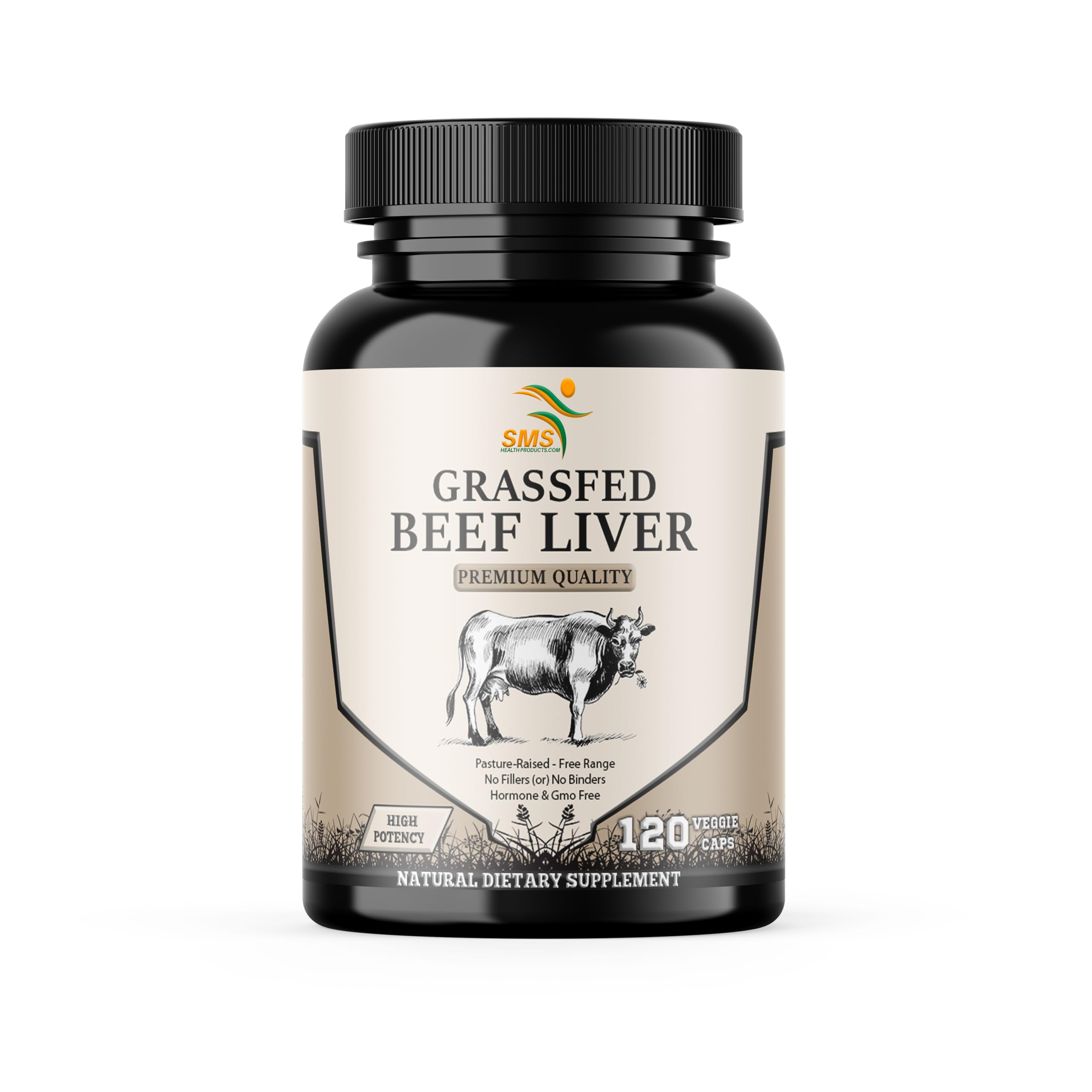 SMS Health Products grass-fed beef liver capsules bottle front highlighting energy-support nutrients