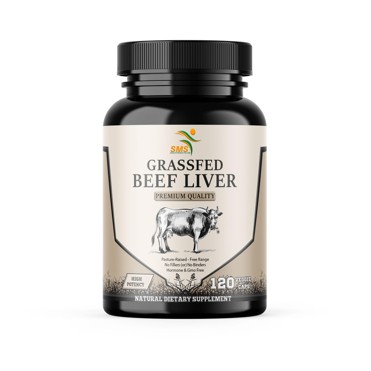 SMS Health Products grass-fed beef liver capsules bottle front highlighting energy-support nutrients