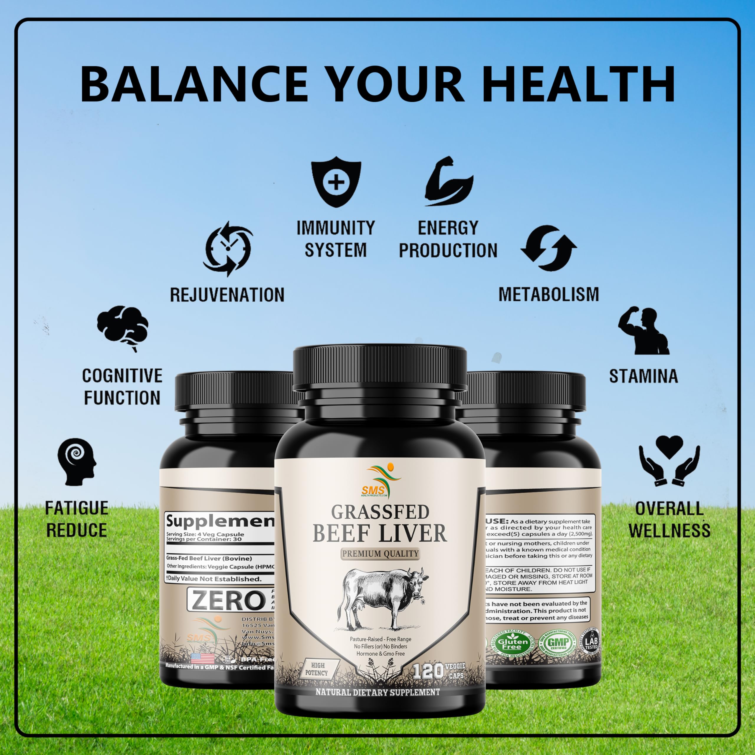 SMS Health Products label detail shows no fillers or artificial ingredients