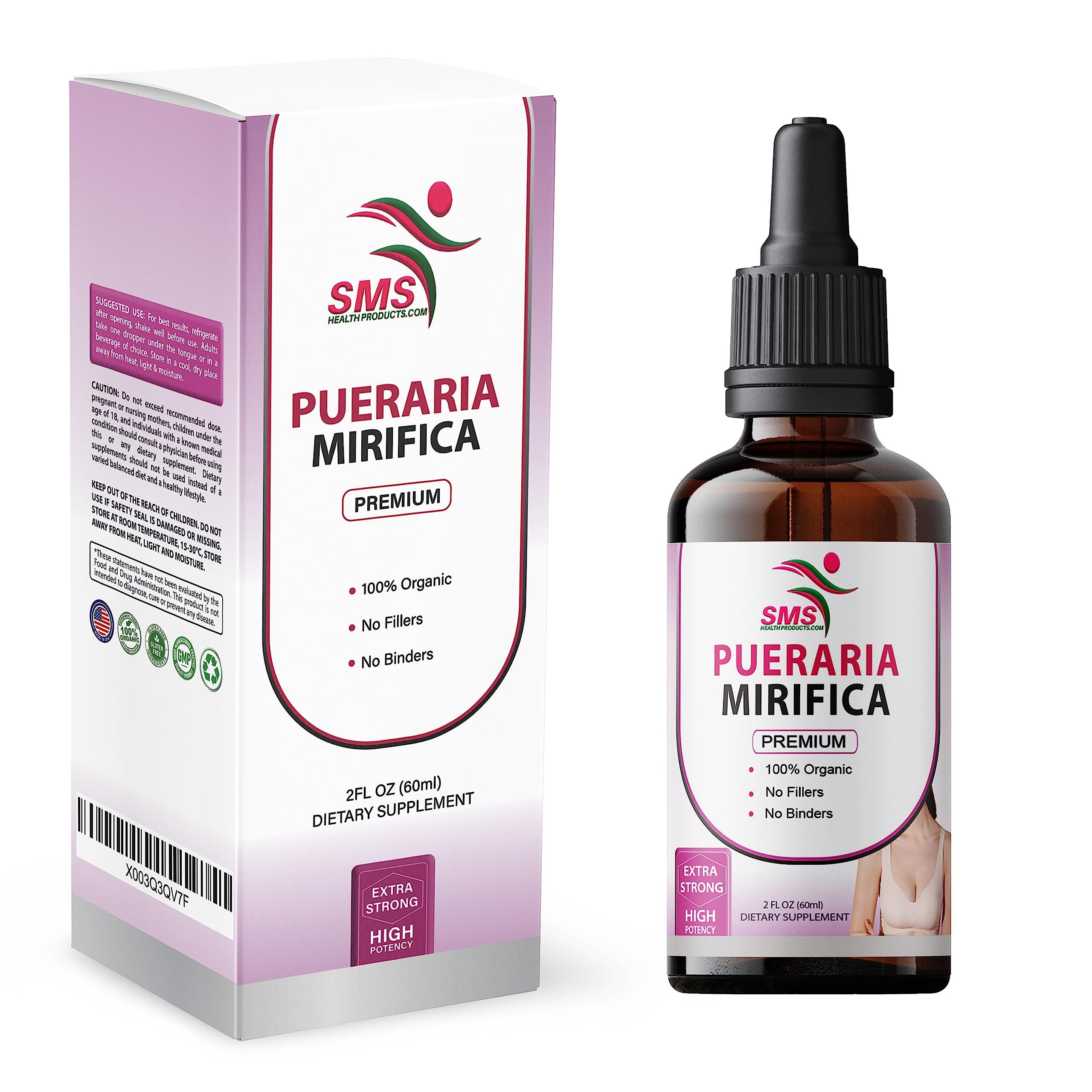 SMSHEALTHPRODUCTS Pueraria Mirifica Drops bottle front view; premium herbal tincture for daily wellness.