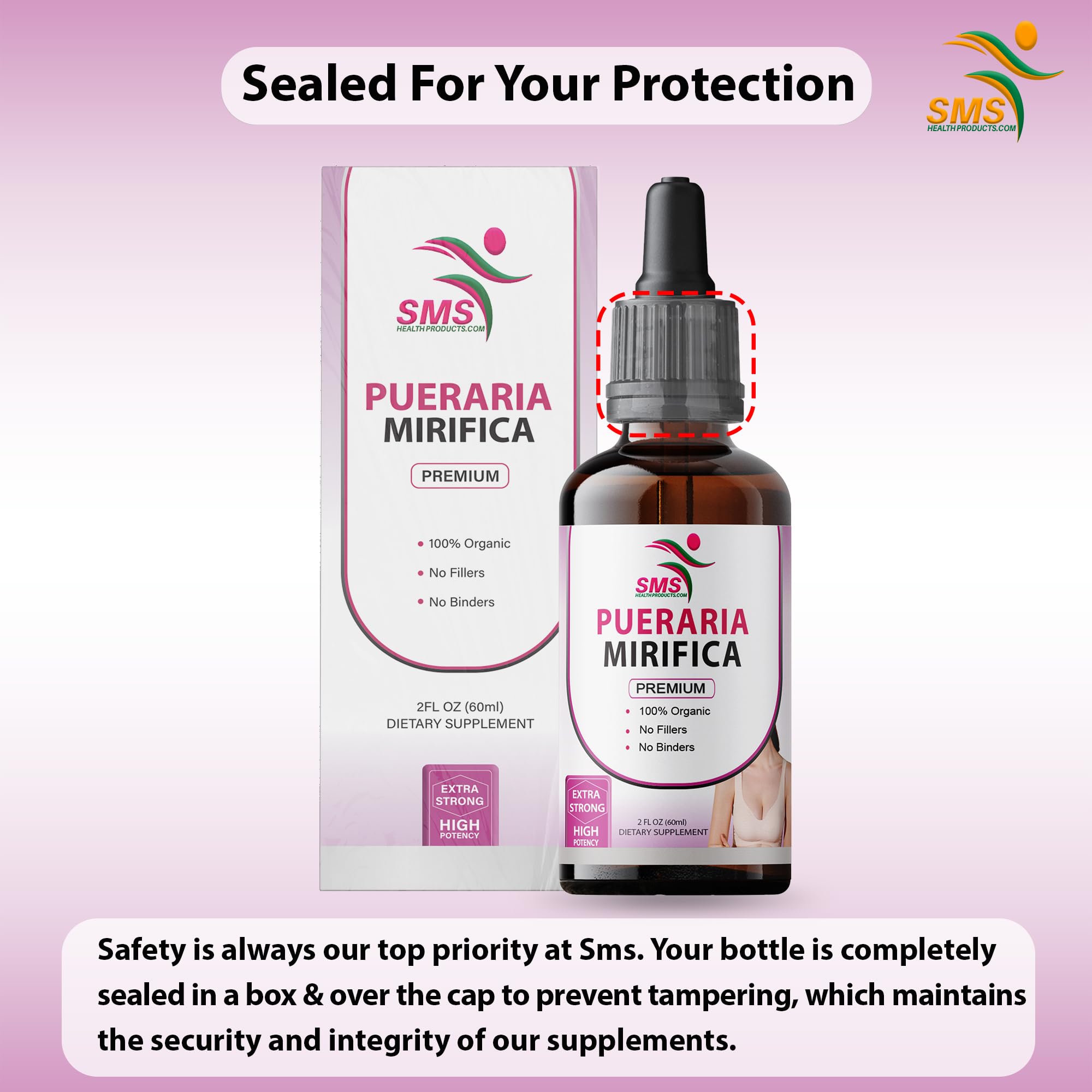 SMSHEALTHPRODUCTS Pueraria Mirifica Drops label detail; organic, non-GMO, vegan composition.
