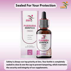 SMSHEALTHPRODUCTS Pueraria Mirifica Drops label detail; organic, non-GMO, vegan composition.